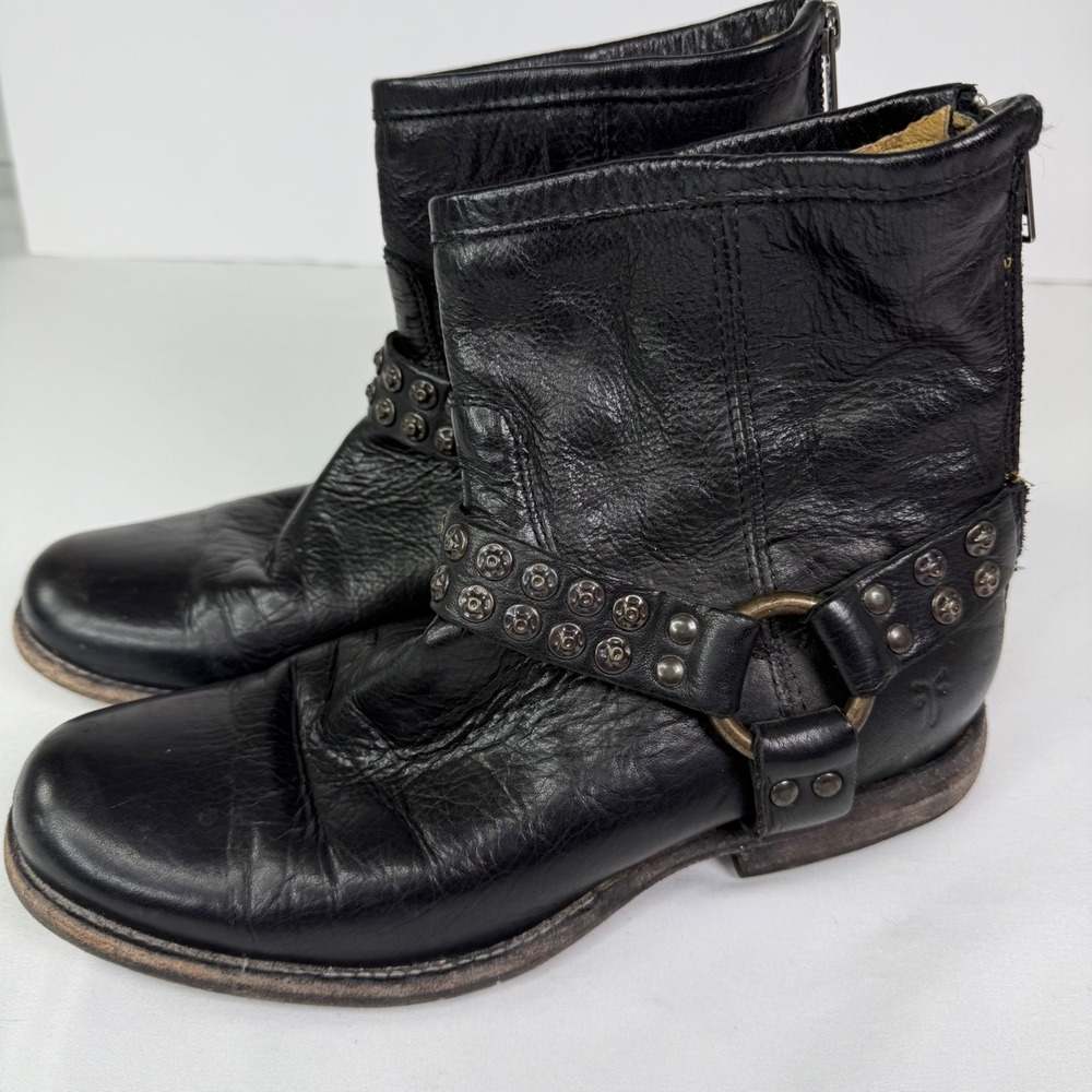 Frye Phillip Studded Harness Black Leather Ankle Moto Boots 76491 Womens 7.5 B